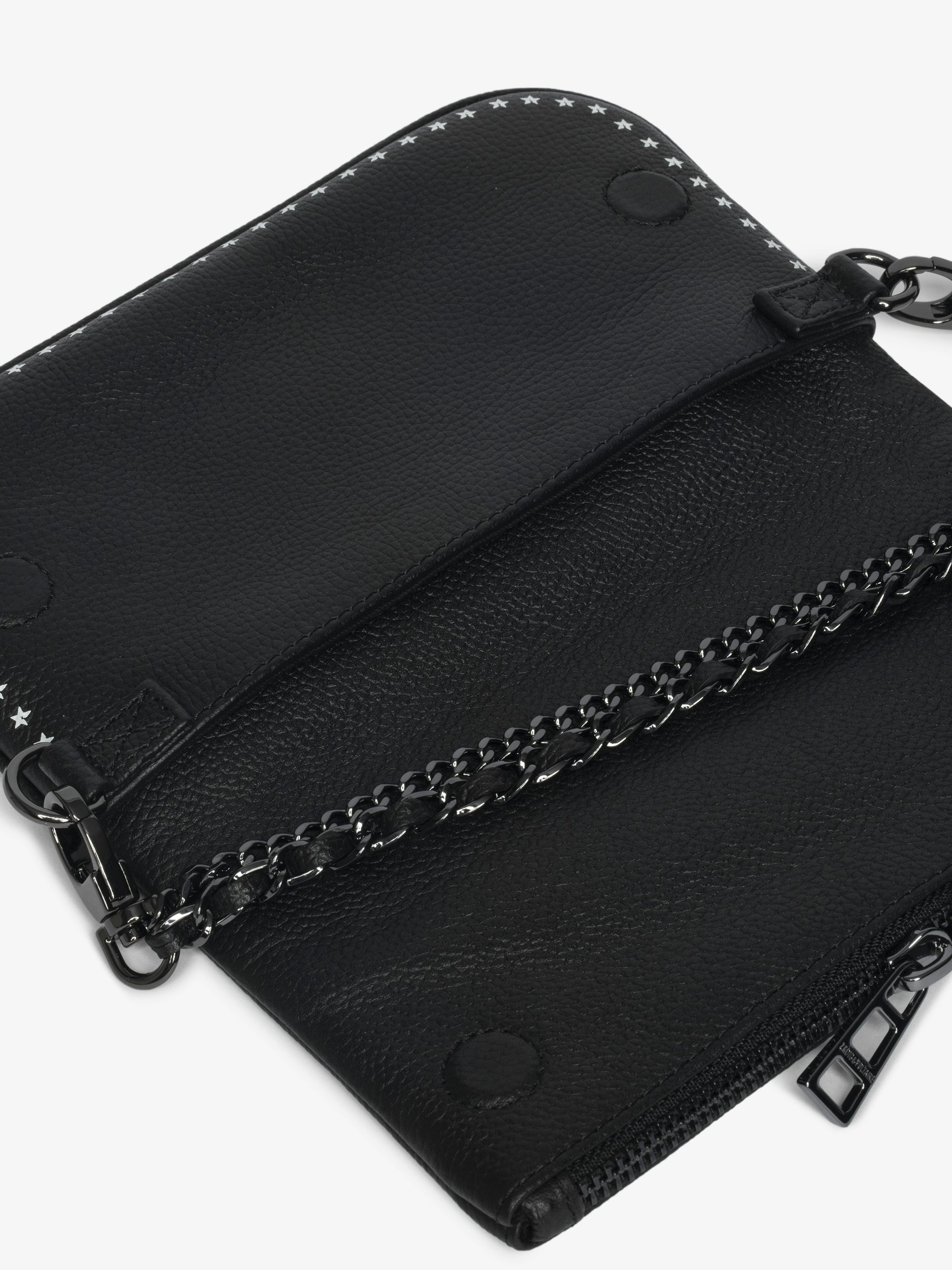 Rock Nano Punk Clutch - Punk grained leather clutch with double leather and metal chains and rhinestone-embellished wings.